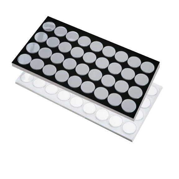 36 Acrylic 1.375" Ø Gem Jars Inserts in Foam Foam Tray Liners, 14.75" L x 8.25" W