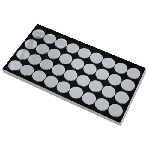 36 Acrylic 1.375" Ø Gem Jars Inserts in Foam Foam Tray Liners, 14.75" L x 8.25" W