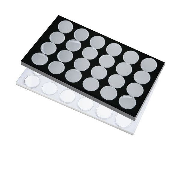 24 Acrylic 1.75" Ø Gem Jars Inserts in Foam Foam Tray Liners, 14.75" L x 8.25" W