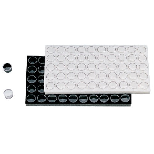 50 Acrylic 1.13" Ø Gem Jars Inserts in Foam Foam Tray Liners, 14.75" L x 8.25" W