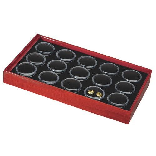 15 Acrylic 1.13" Ø Gem Jars w/Black Flat-Foam Inserts in Mahogany Wood Trays, 8.25" L x 4.75" W