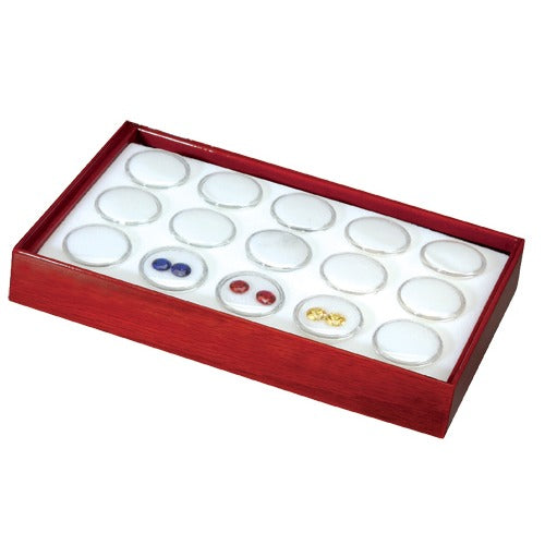 15 Acrylic 1.13" Ø Gem Jars w/White Flat-Foam Inserts in Mahogany Wood Trays, 8.25" L x 4.75" W