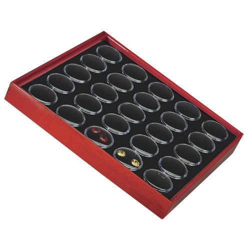 25 Acrylic 1.13" Ø Gem Jars w/Black Flat-Foam Inserts in Mahogany Wood Trays, 8.25" L x 7.25" W