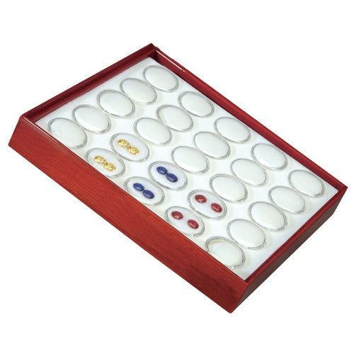 25 Acrylic 1.13" Ø Gem Jars w/White Flat-Foam Inserts in Mahogany Wood Trays, 8.25" L x 7.25" W