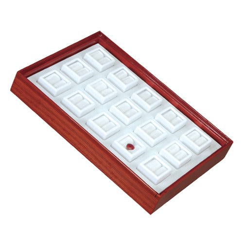 15 Glass-Top 1 x 1" Gem Jars w/White Rolled-Foam Inserts in Mahogany Wood Trays, 8" L x 5.5" W