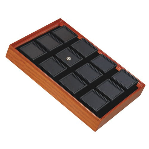 12 Glass-Top 1.5 x 1.5" Gem Jars w/Black Rolled-Foam Inserts in Beech Wood Trays, 8" L x 5.5" W