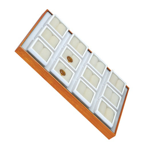 12 Glass-Top 1.5 x 1.5" Gem Jars w/White Rolled-Foam Inserts in Beech Wood Trays, 8" L x 5.5" W