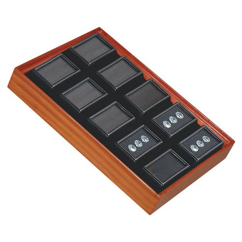 10 Glass-Top 2 x 1" Gem Jars w/Black Rolled-Foam Inserts in Beech Wood Trays, 8" L x 5.5" W