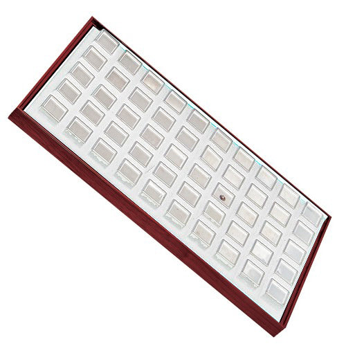 50 Glass-Top 1 x 1" Gem Jars w/White Rolled-Foam Inserts in Mahogany Wood Trays, 14.75" L x 8.25" W