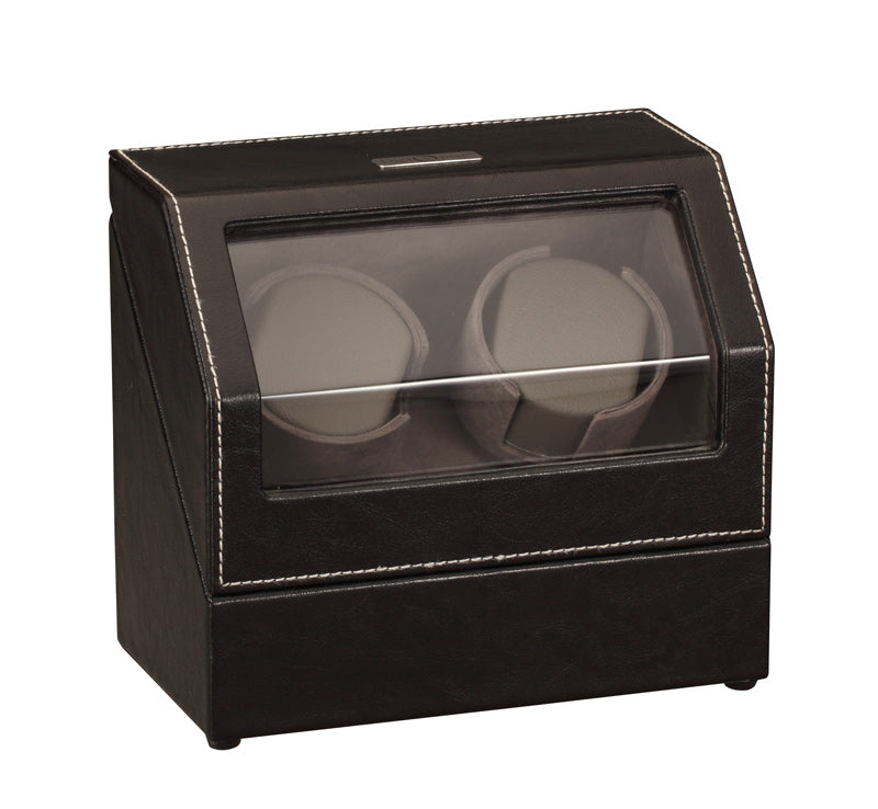 Diplomat Double (2) Watch Winder -  Black Leather - Gray Microfiber Suede Interior