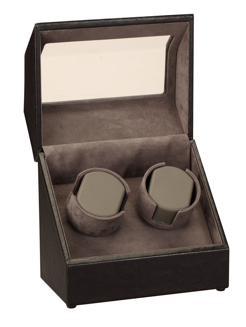 Diplomat Double (2) Watch Winder -  Black Leather - Gray Microfiber Suede Interior