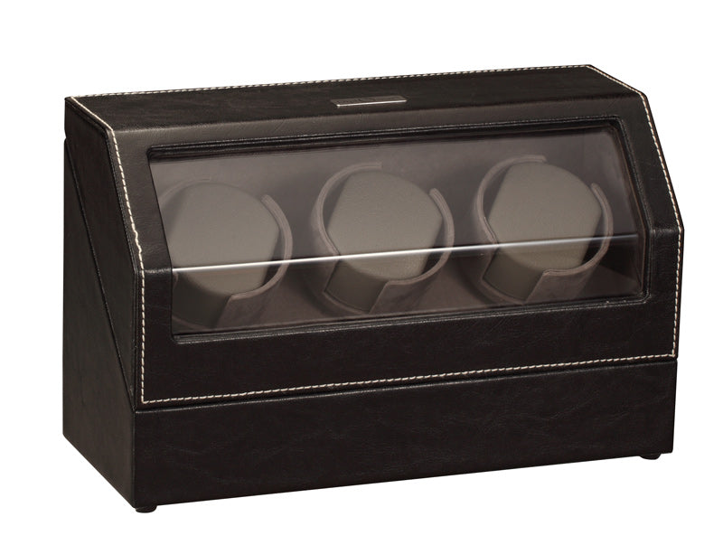 Diplomat Triple (3) Watch Winder - Black Leather - Gray Microfiber Suede Interior