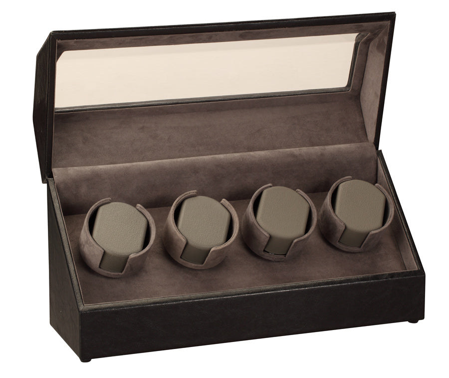 Diplomat Quad (4) Watch Winder - Black Leather - Gray Microfiber Suede Interior