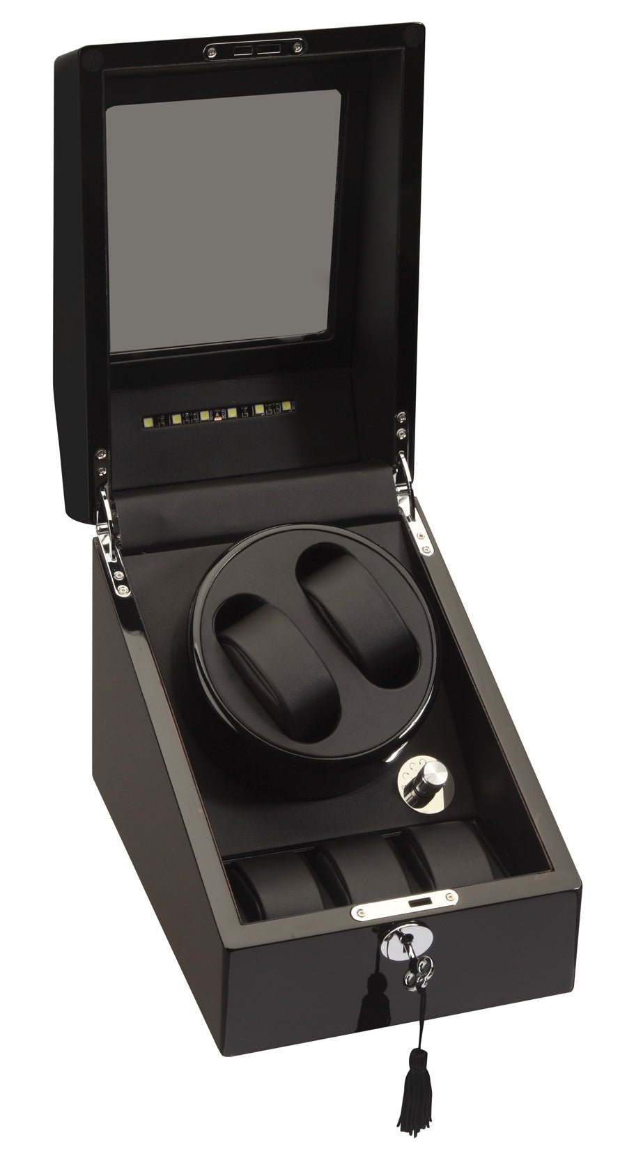 Diplomat LED Lit Double (2) Watch Winder - Black Ebony Wood / Storage for 3 Additional Watches