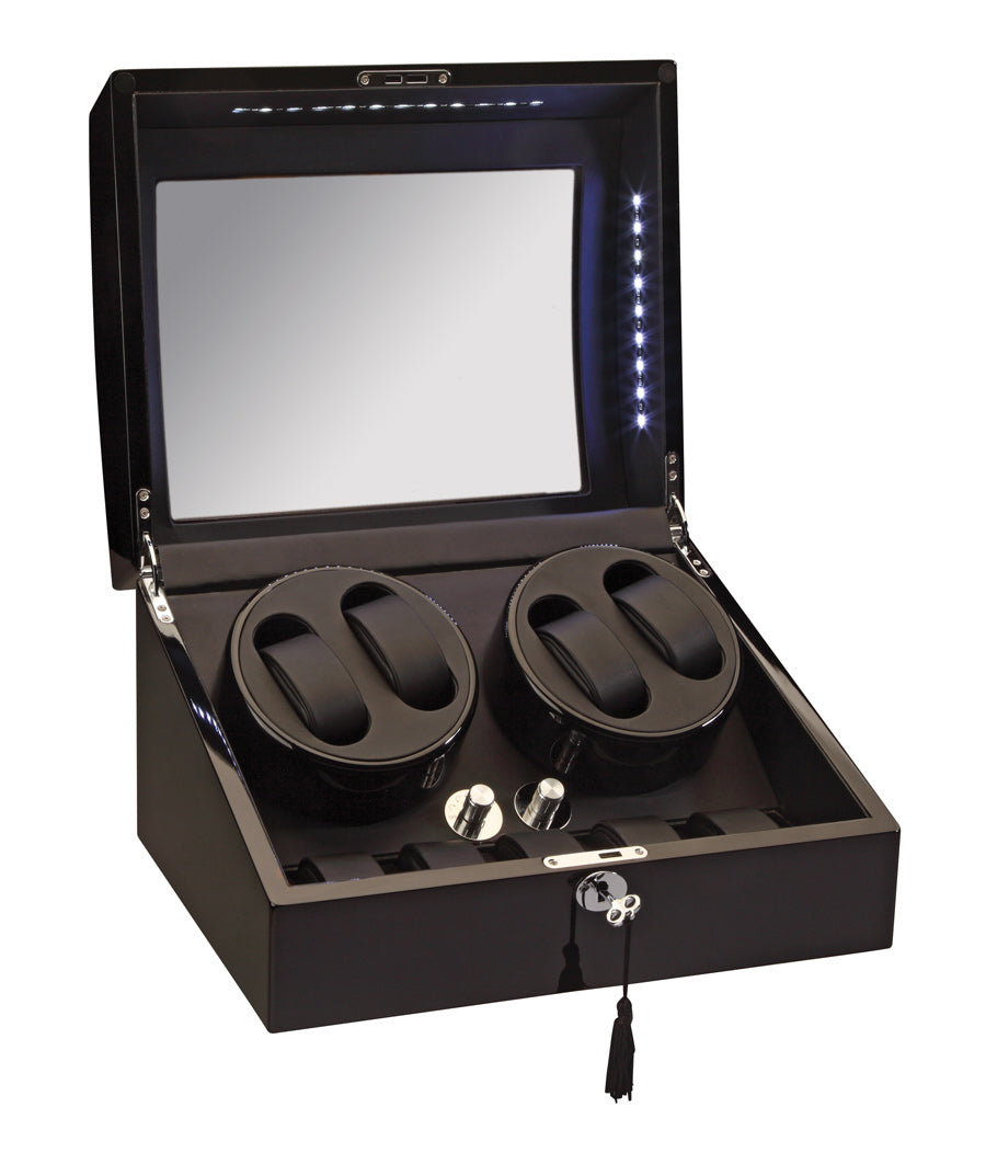 Diplomat Phantom LED Lit Quad (4) Watch Winder - Black Ebony Wood Finish / Storage Case For 5 Watches