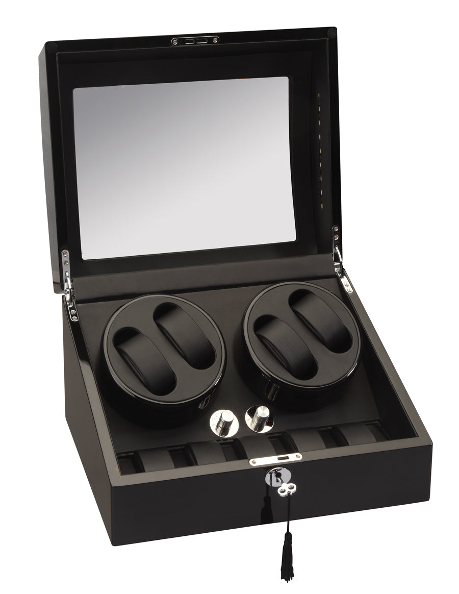 Diplomat Phantom LED Lit Quad (4) Watch Winder - Black Ebony Wood Finish / Storage Case For 5 Watches