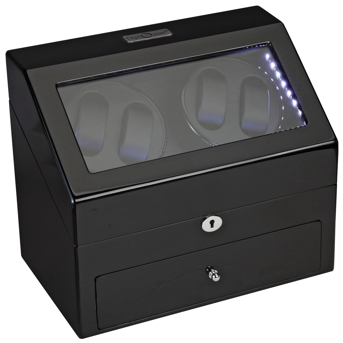 Phantom LED Quad (4) Watch Winder w/Drawer Storage Black Wood Finish