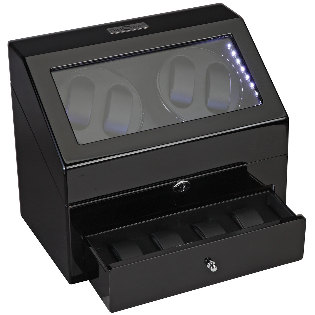 Phantom LED Quad (4) Watch Winder w/Drawer Storage Black Wood Finish