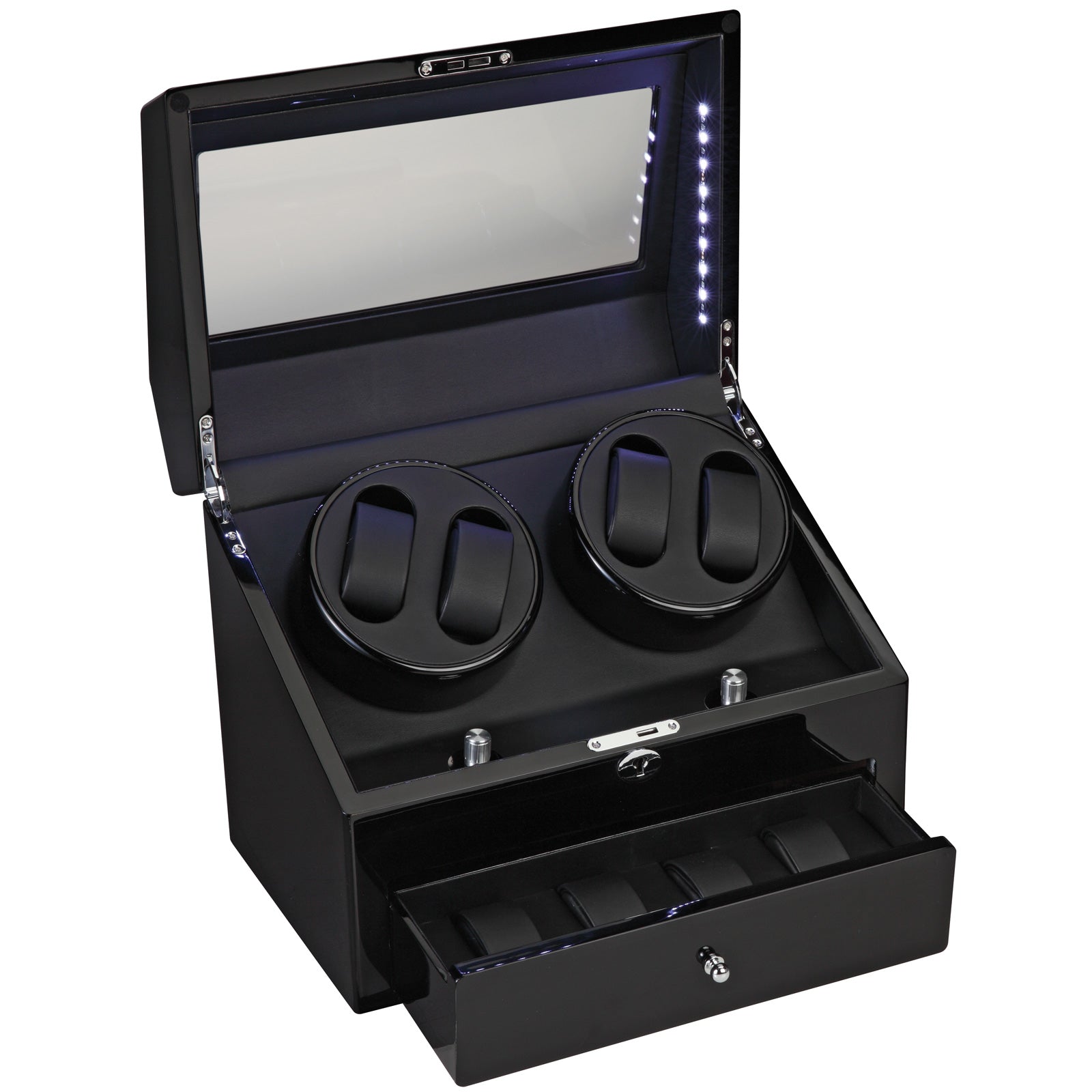 Phantom LED Quad (4) Watch Winder w/Drawer Storage Black Wood Finish