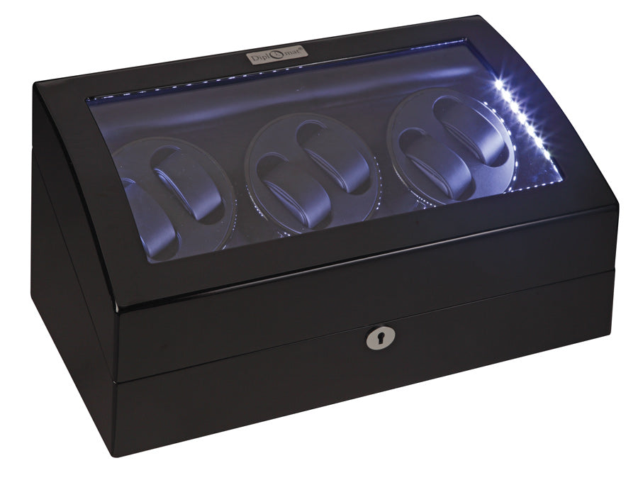 Diplomat LED Lit Six (6) Watch Winder - Black Ebony Wood Finish / Additional Storage for 7 Watches