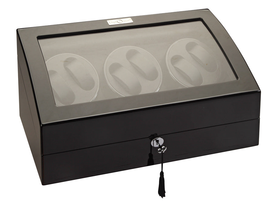 Diplomat LED Lit Six (6) Watch Winder - Black Ebony Wood Finish / Additional Storage for 7 Watches