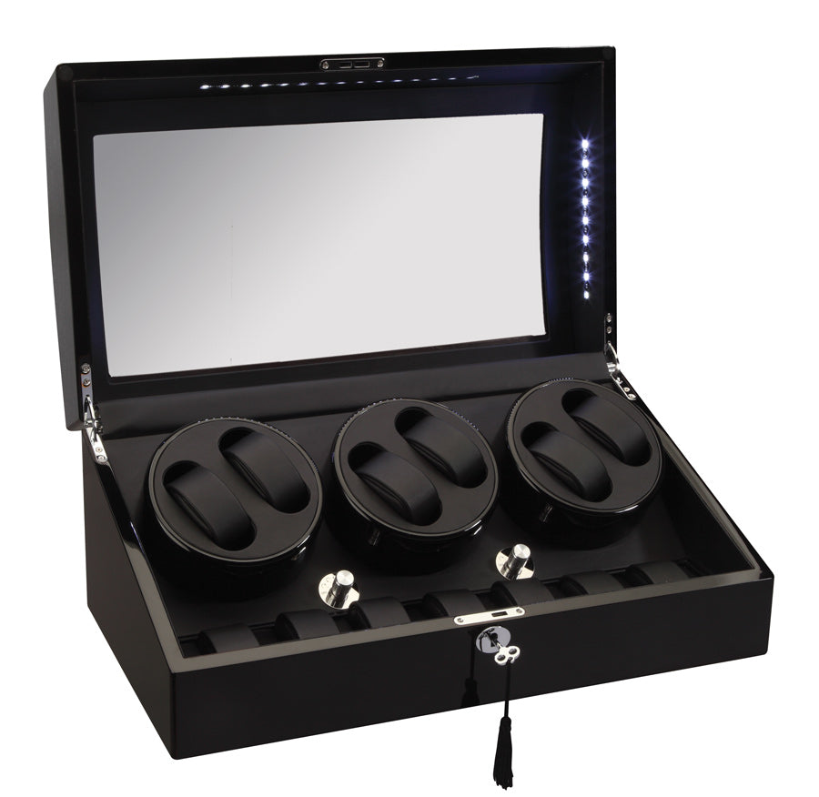 Diplomat LED Lit Six (6) Watch Winder - Black Ebony Wood Finish / Additional Storage for 7 Watches