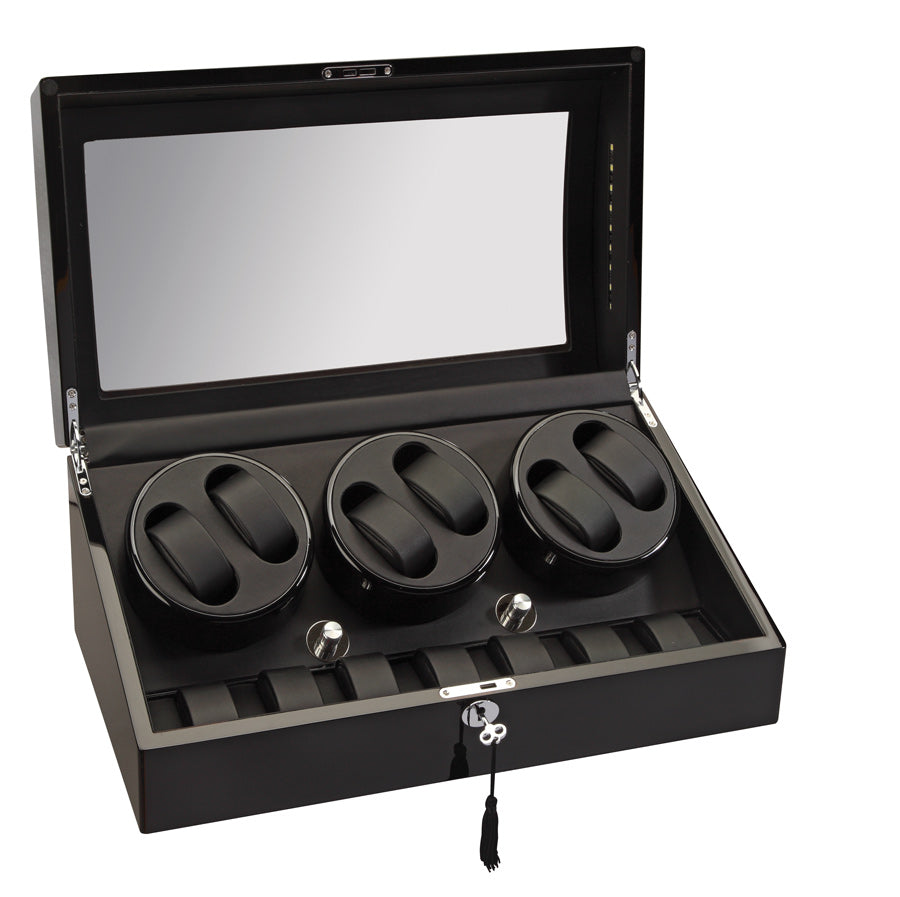 Diplomat LED Lit Six (6) Watch Winder - Black Ebony Wood Finish / Additional Storage for 7 Watches