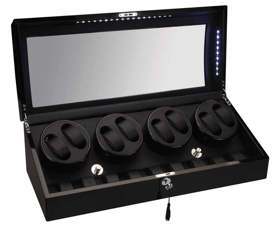 Diplomat LED Lit Eight (8) Watch Winder - Black Ebony Wood Finish / Additional Storage for 9 Watches