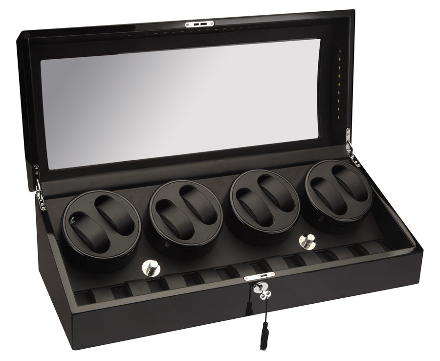 Diplomat LED Lit Eight (8) Watch Winder - Black Ebony Wood Finish / Additional Storage for 9 Watches