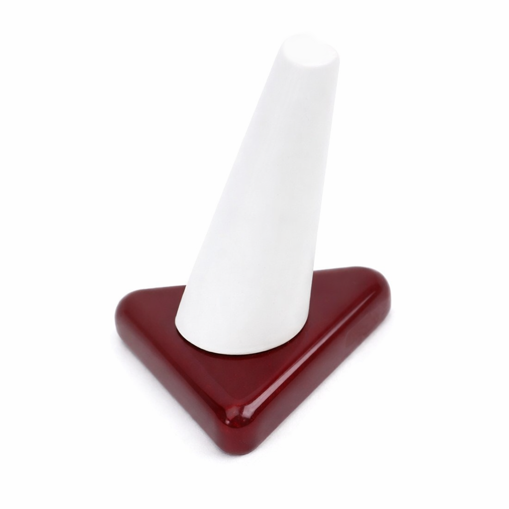 Single-Finger Ring Displays on Triangle Base in Pearl & Mahogany, 2" W x 3" H