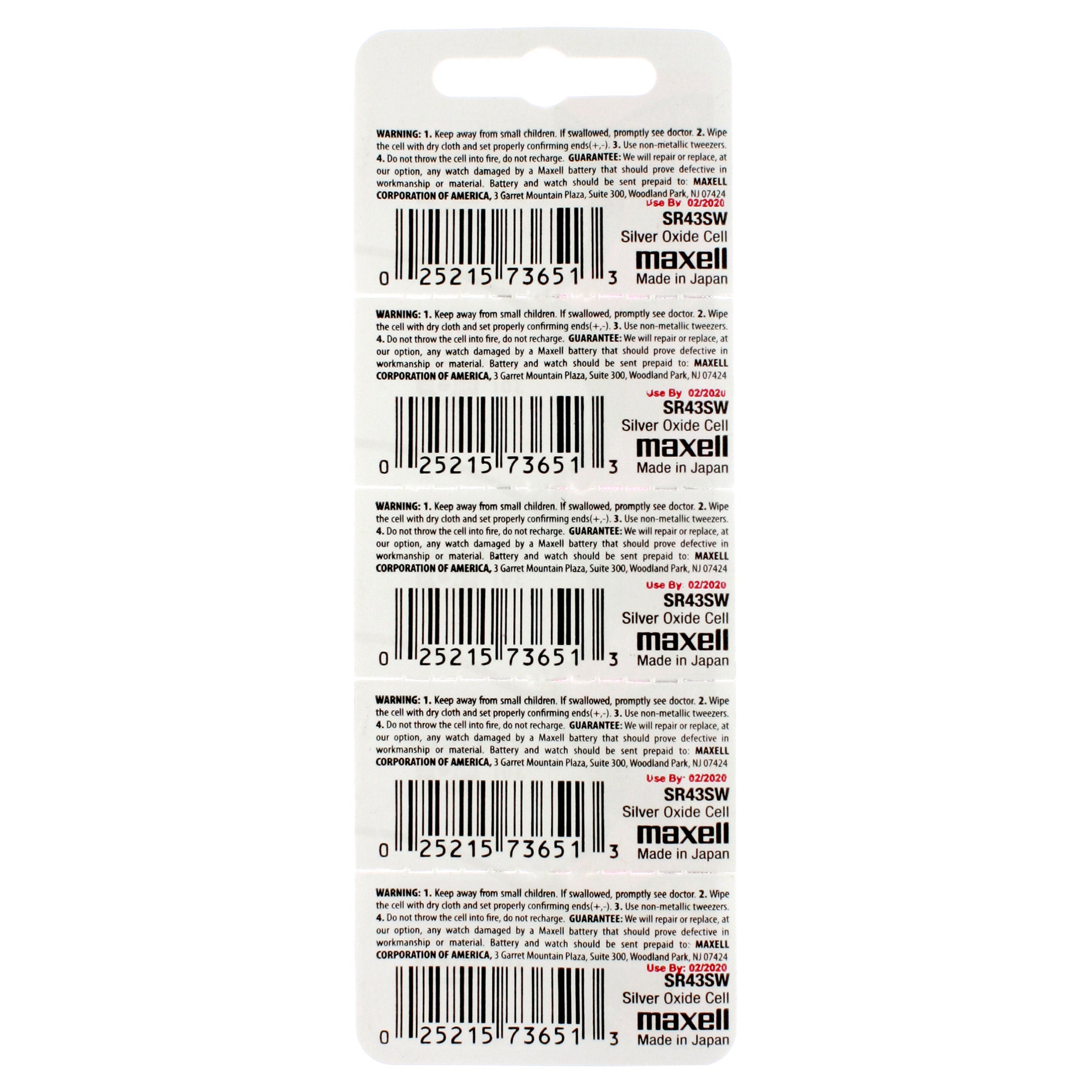 Maxell 301 (SR43SW) Battery, Pk/5