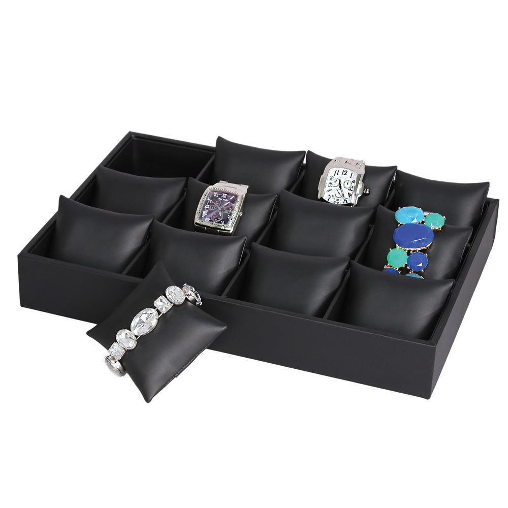 12-Cushion Watch Trays in Black Leather, 14" L x 9.5" W