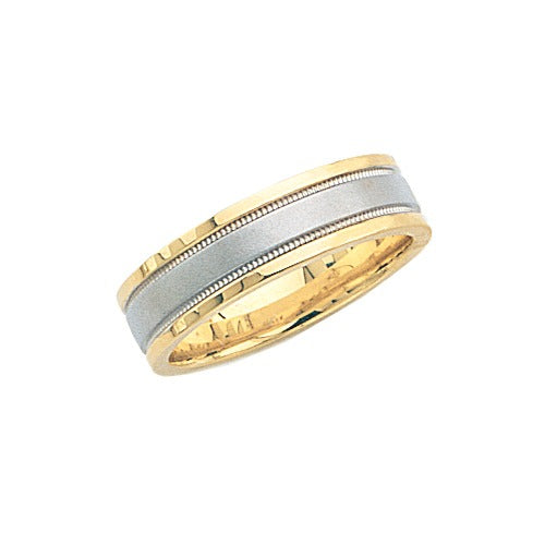 14K Gold 2-Tone Wedding Band w/ Brushed & Milgrain Center 6 mm Size 10