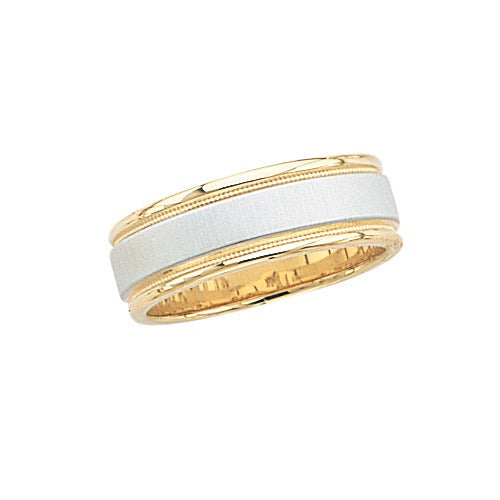 14k Gold 2-Tone Wedding Band w/ Brushed Finish & Milgrain 7 mm Size 10