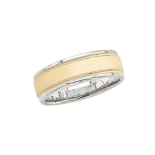 14k Gold 2-Tone Wedding Band w/ Brushed Finish & Milgrain 7 mm Size 10