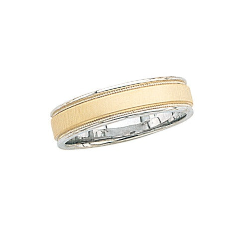 14k Gold 2-Tone Wedding Band w/ Brushed Finish & Light Milgrain 6 mm Size 10