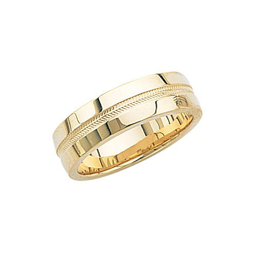 14k Yellow Gold Wedding Band w High Polish & Milgrain Center 7 mm Size 6