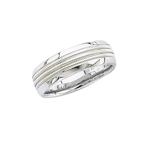 14k White Gold Wedding Band w High Polish & Double Milgrain Center 7 mm Size 6