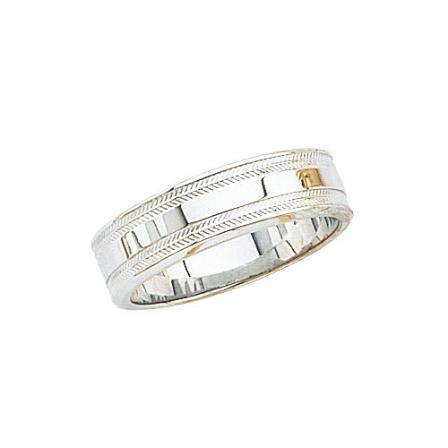 14k White Gold Wedding Band w Shiny Center & Milgrain Sides 6 mm Size 6.5