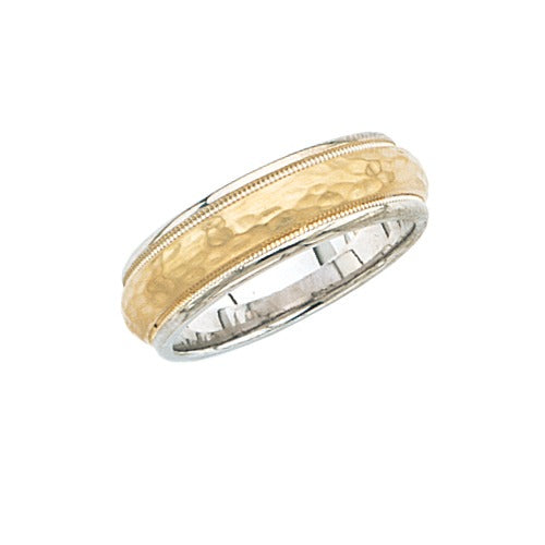 14k 2-Tone Gold Wedding Band Hammer Finish Center, Milgrain Edge 7 mm Size 10