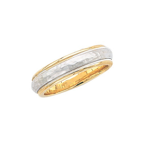 14k 2-Tone Gold Wedding Band Hammer Finish Center, Milgrain Edge 6 mm Size 10